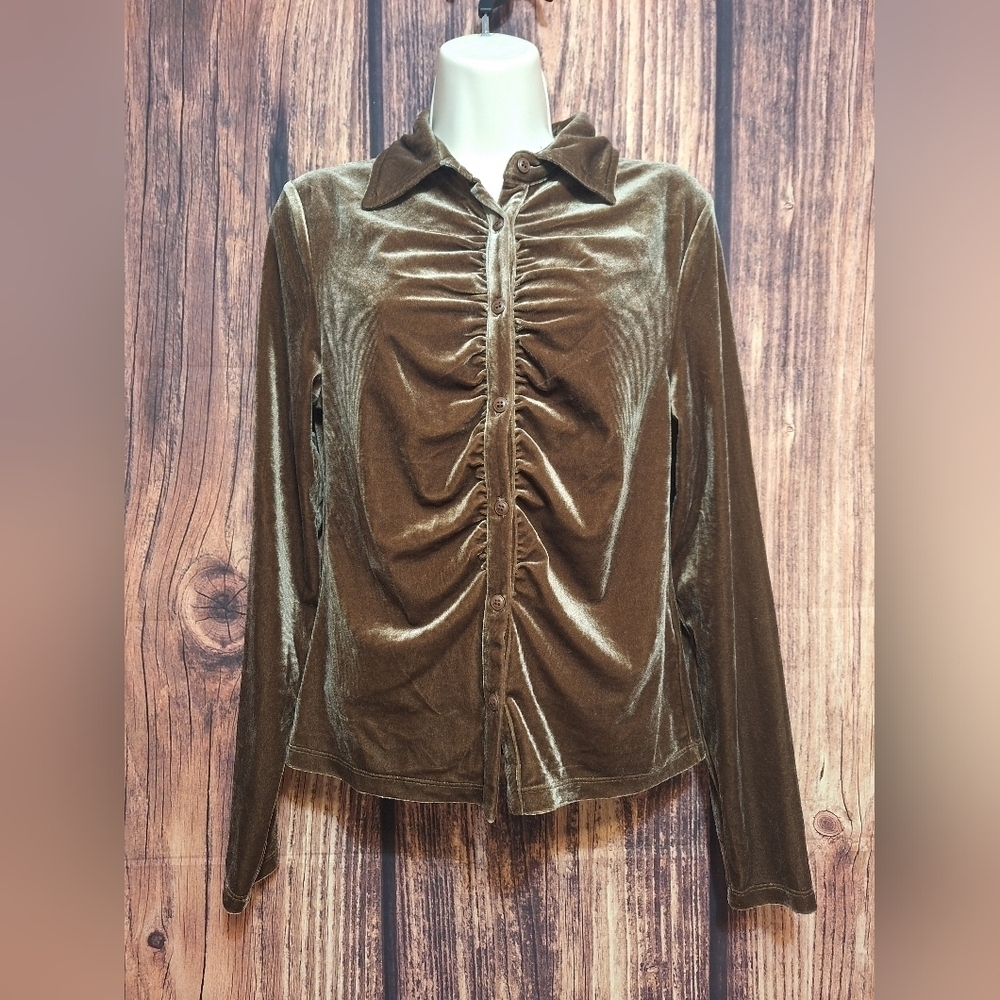 Golden Hour Velour Button-Up Blouse Red By BKE Size Medium!